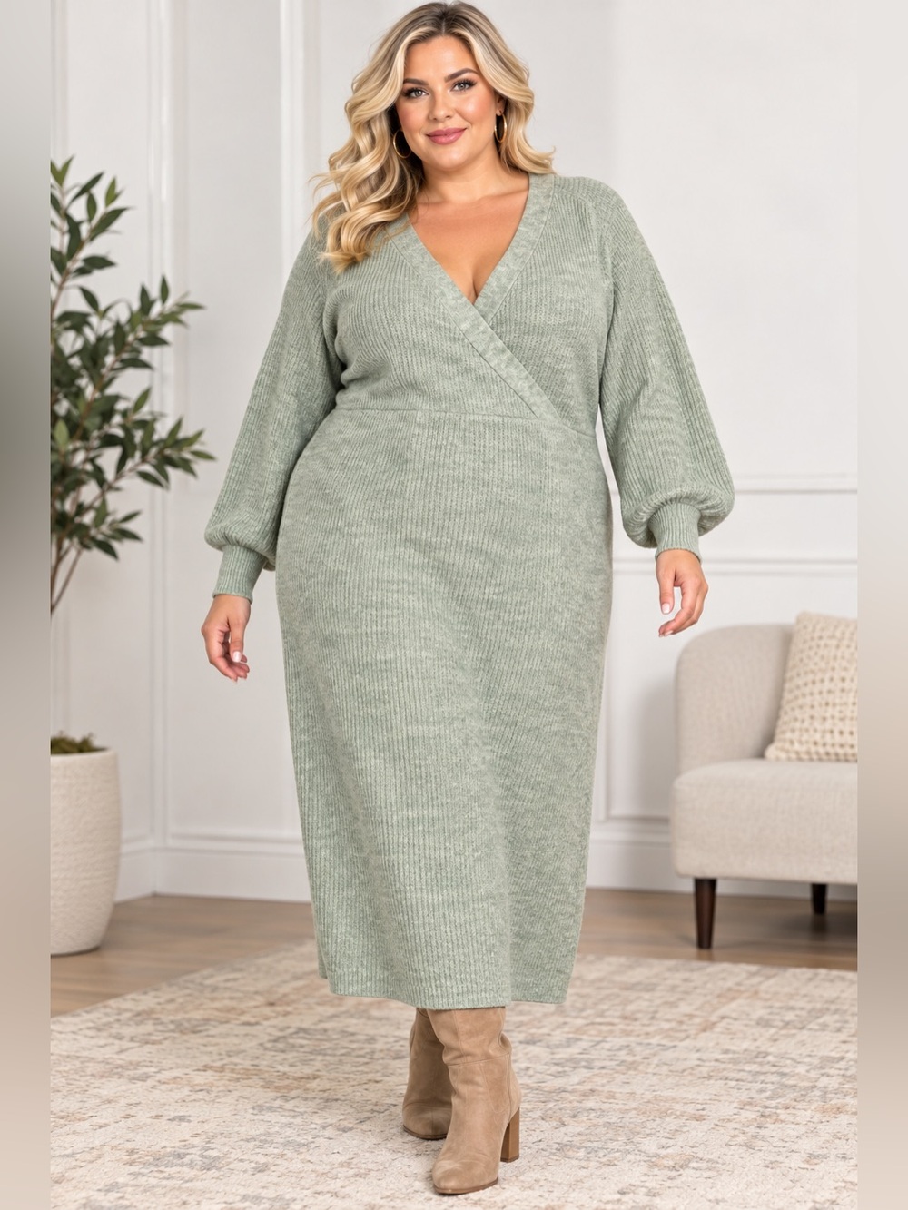 Lane Bryant Sweater Dress 22/24 Sage Green Wrap Front Balloon Sleeve Midi